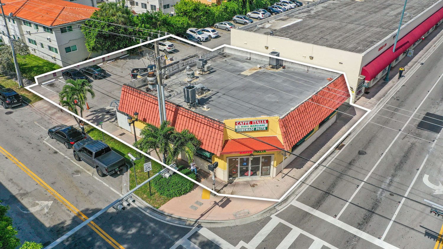 Aerial of Caffe Italia on the hard corner, parcel outlined