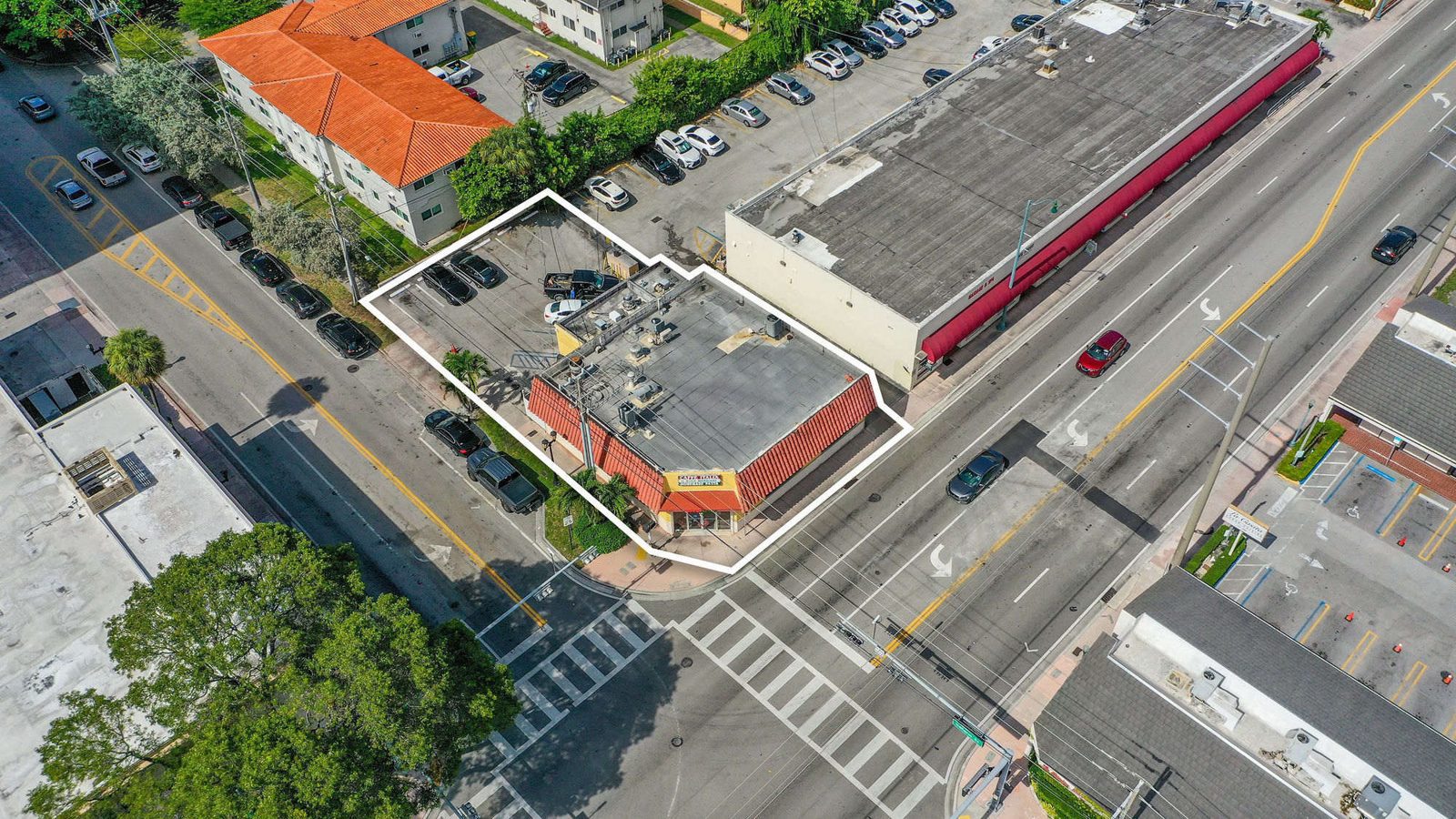 Aerial view over Calle Ocho toward Coral Gables